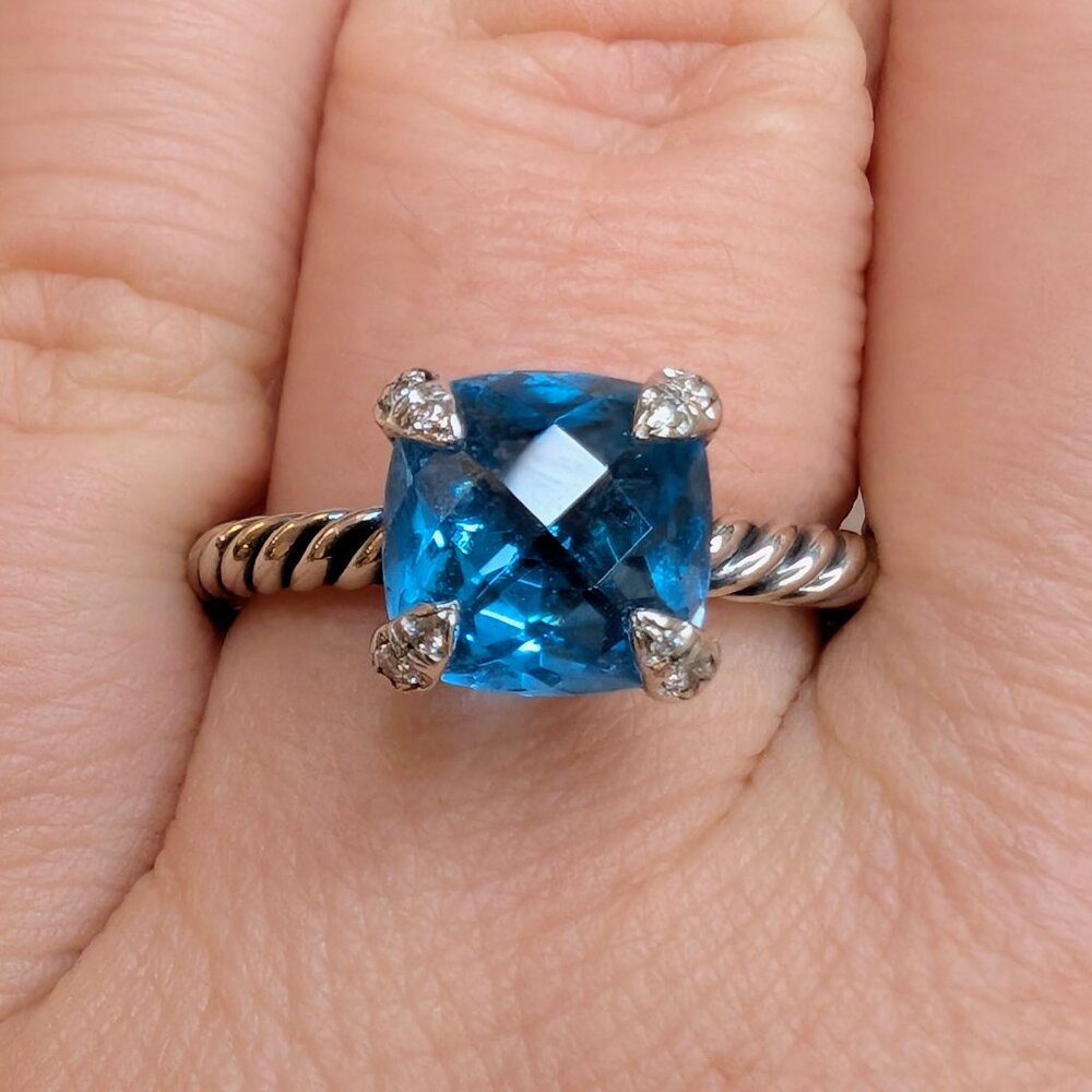 David Yurman Chatelaine Ring Sterling Silver with Blue Topaz and Diamonds, 8mm